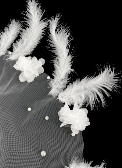 Feathered and Stoned Bridal Halay Handkerchief Chiffon Laser Flowered Bridal Halay Handkerchief